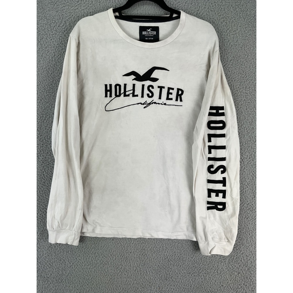 Hollister Long Sleeve T-Shirt Mens XL Cream Graphic Logo California Cotton Y2K